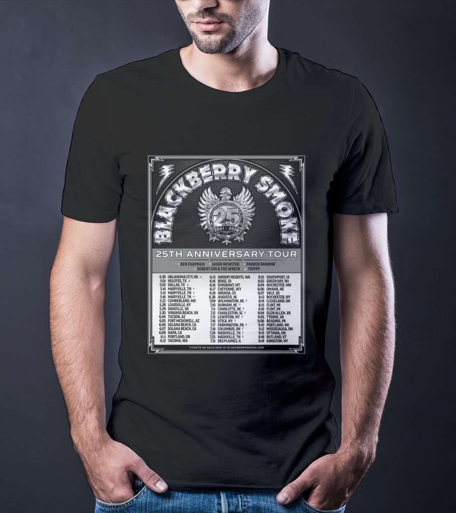 Blackberry Smoke 25th Anniversary Tour 2024 With Ben Chapman And Jason Newsted Featuring Parker Barrow And Robert Jon & The Wreck T-Shirt