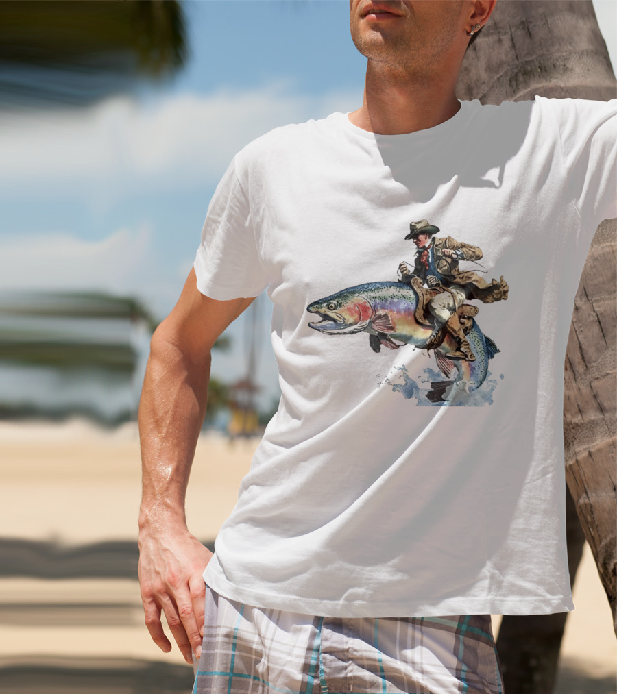 Cowboy Riding Rainbow Trout Adventure Scene T-Shirt