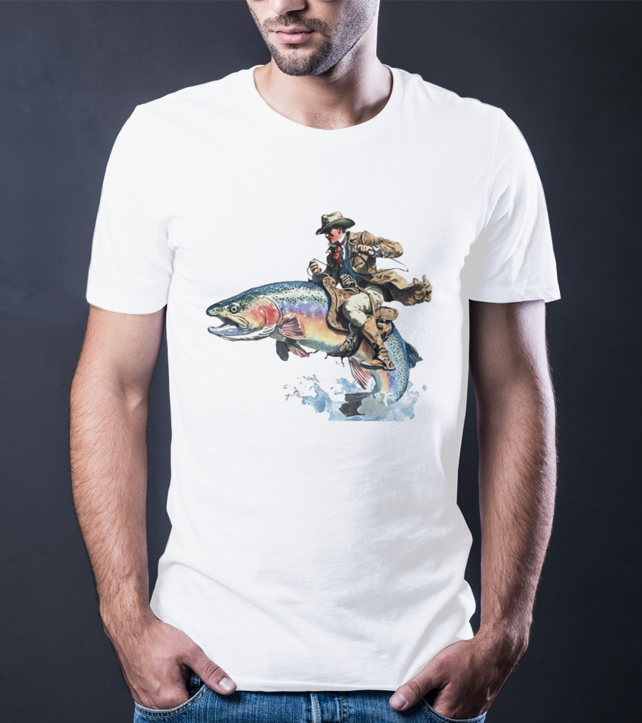 Cowboy Riding Rainbow Trout Adventure Scene T-Shirt