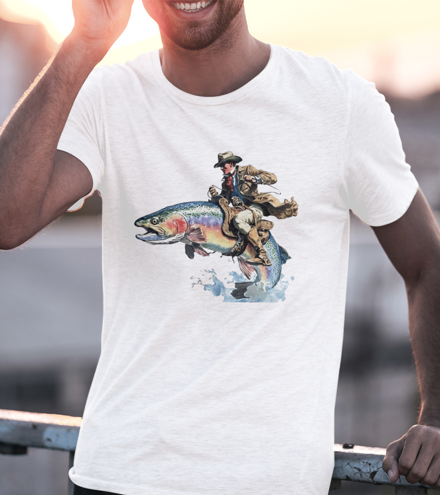 Cowboy Riding Rainbow Trout Adventure Scene T-Shirt