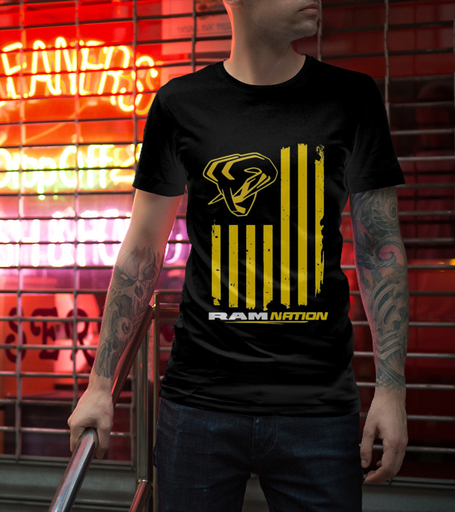 Ram Nation USA Flag Yellow Ram Head Stripes T-Shirt