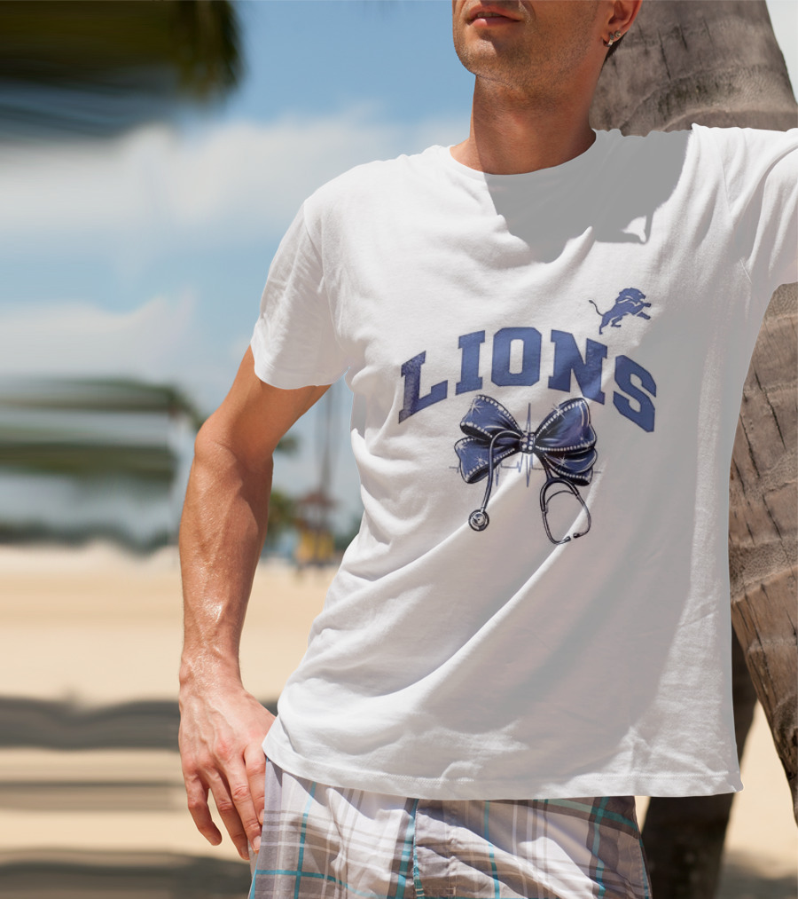 Detroit Lions Nurse By Heart By Soul With Stethoscope And Bow T-Shirt