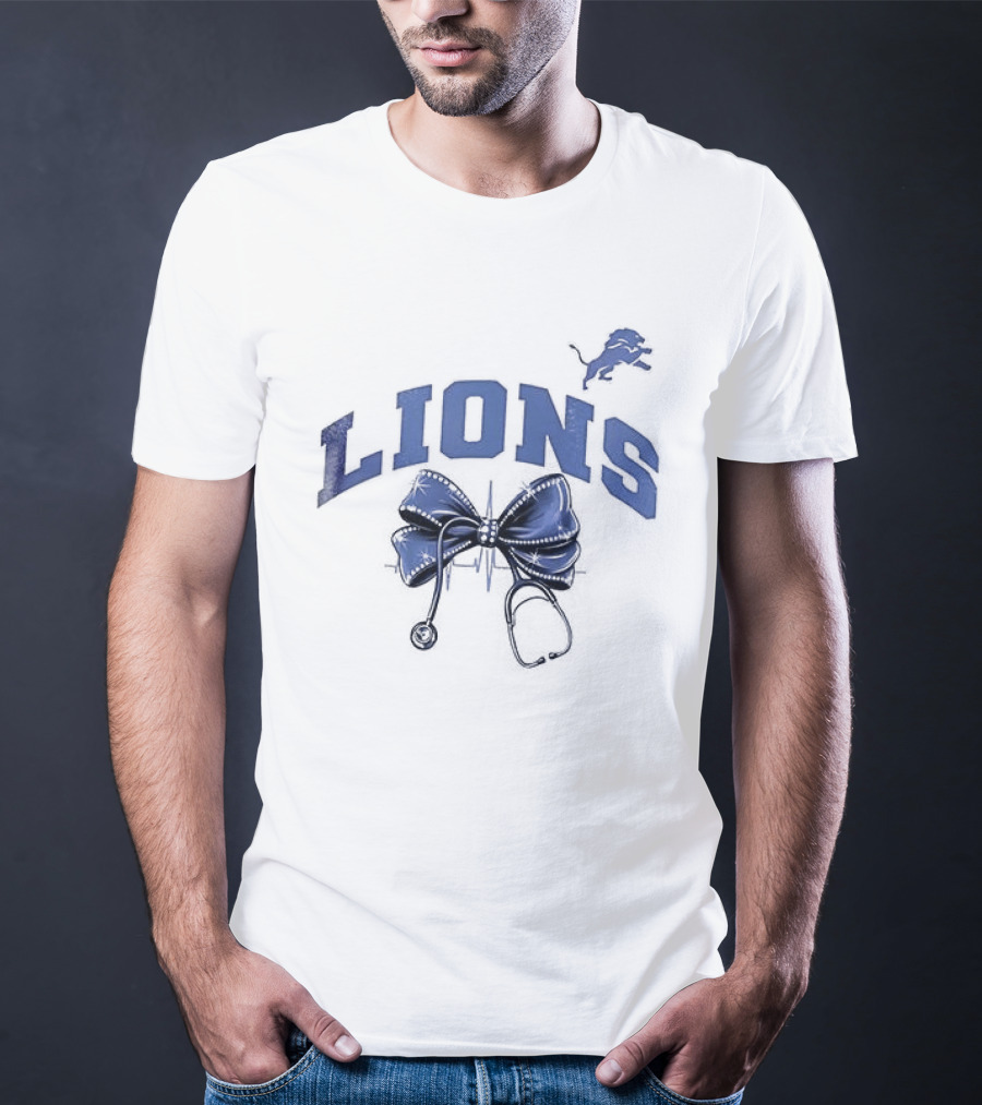 Detroit Lions Nurse By Heart By Soul With Stethoscope And Bow T-Shirt