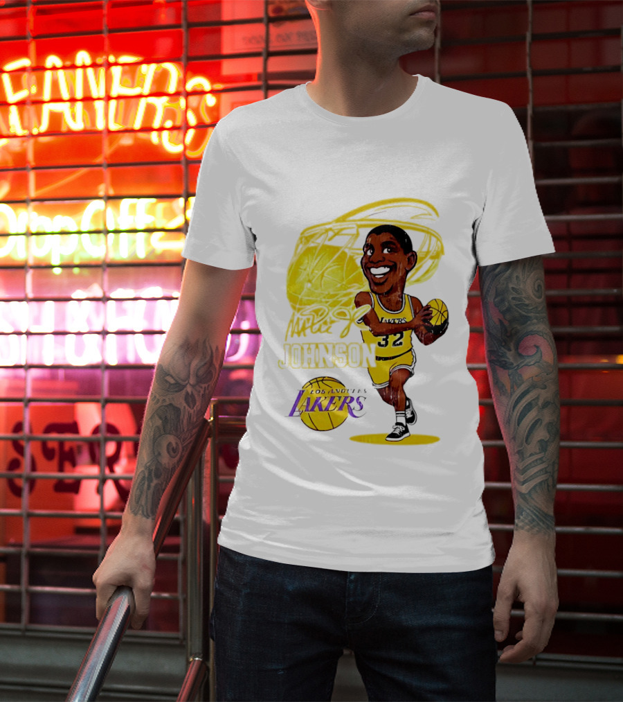 Magic Johnson 32 Los Angeles Lakers Basketball Caricature T-Shirt