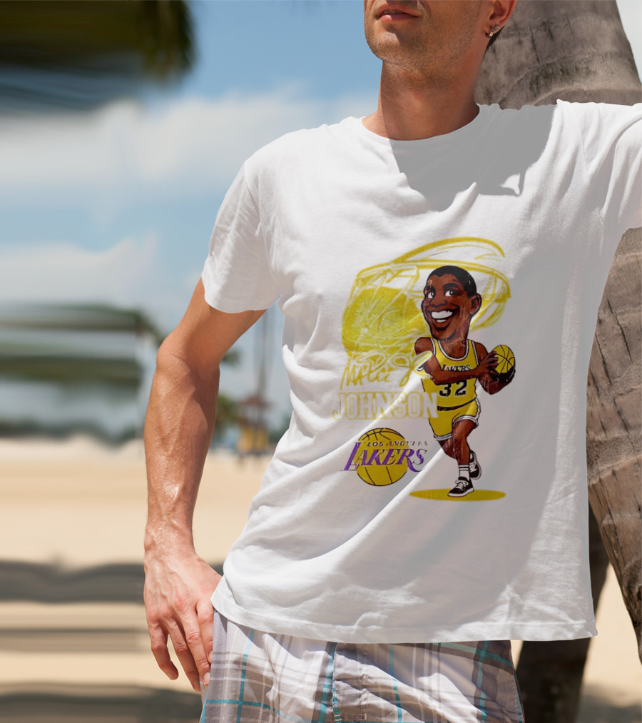 Magic Johnson 32 Los Angeles Lakers Basketball Caricature T-Shirt