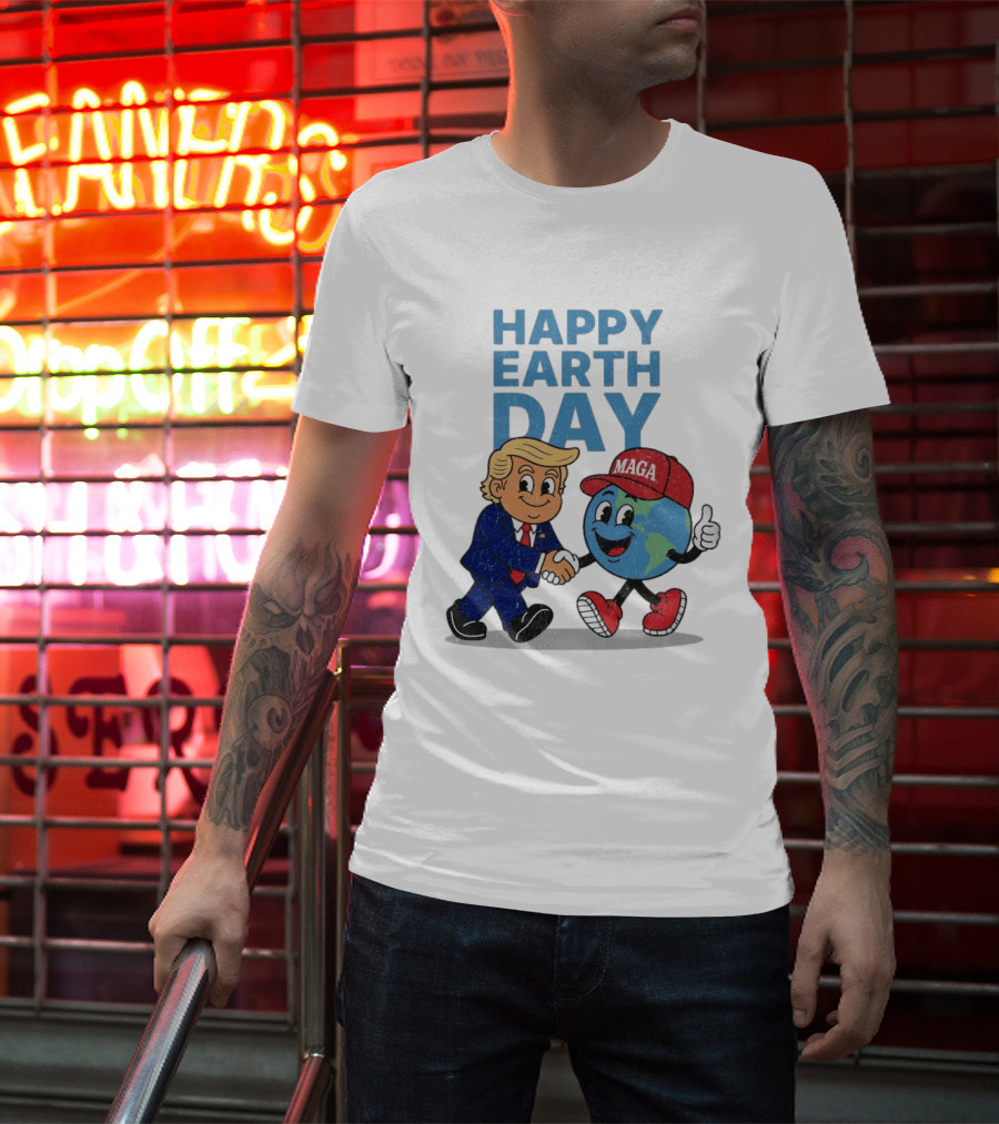 Happy Earth Day Trump MAGA Earth Cartoon Shaking Hands T-Shirt