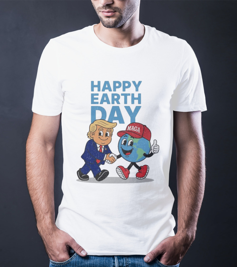 Happy Earth Day Trump MAGA Earth Cartoon Shaking Hands T-Shirt