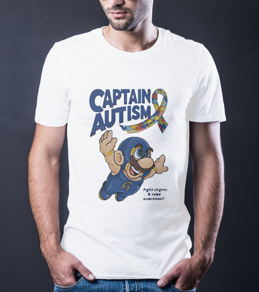 Captain Autism Super Mario Puzzle Ribbon Flying Awareness T-Shirt