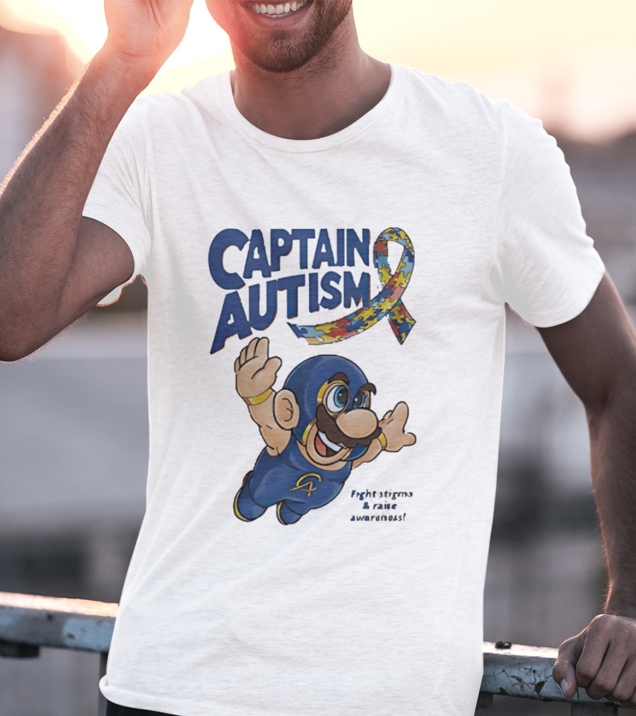 Captain Autism Super Mario Puzzle Ribbon Flying Awareness T-Shirt