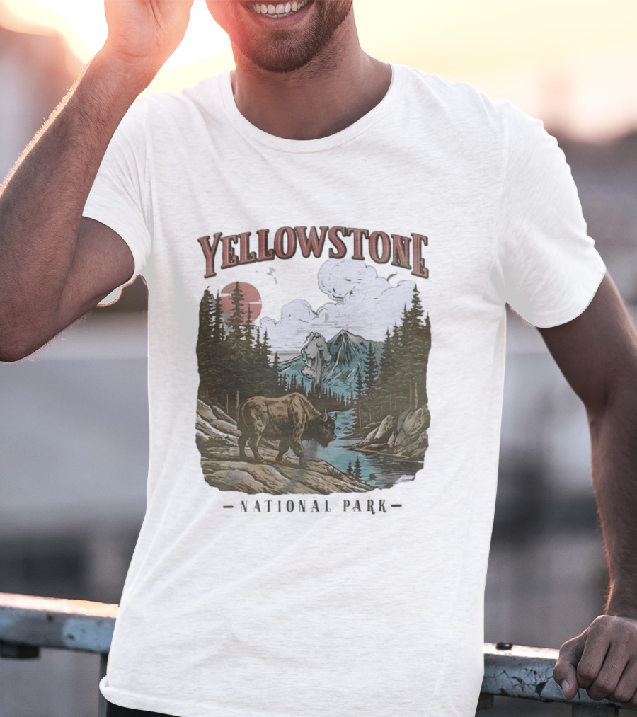 Yellowstone National Park Wild Buffalo By Stream Scenic Landscape T-Shirt