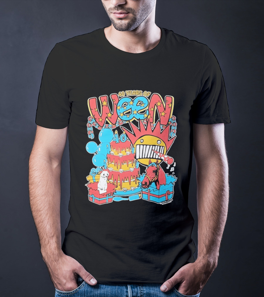 40 Years Of Ween Celebration Cake Balloons Dog Horse Black Sun Mask T-Shirt