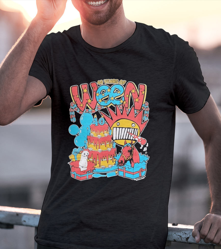 40 Years Of Ween Celebration Cake Balloons Dog Horse Black Sun Mask T-Shirt