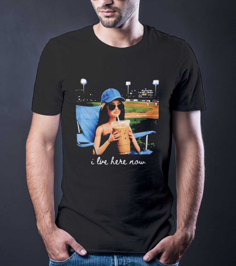 I Live Here Now Barbie Drink Coffee Baseball Stadium Scene T-Shirt
