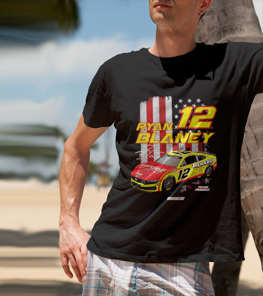 Ryan Blaney 12 Team Penske NASCAR American Flag Racing Car T-Shirt