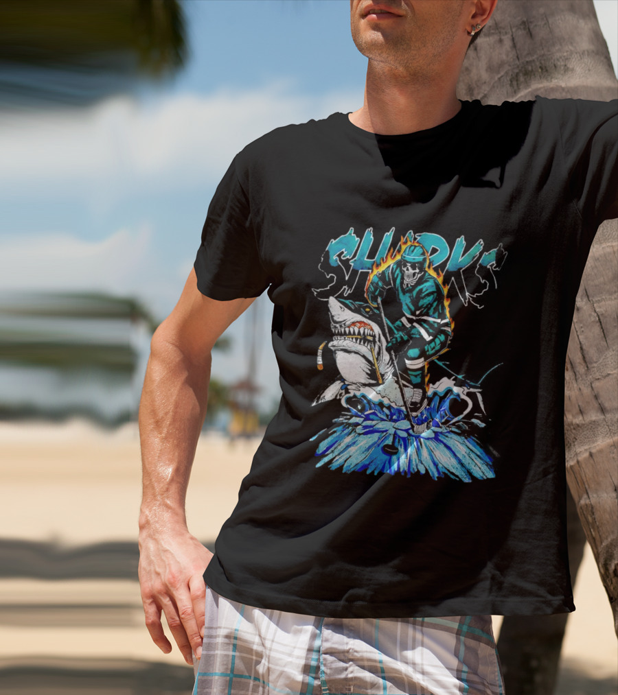 San Jose Sharks 90s Hockey Skull Flames Ice Shark Rider T-Shirt