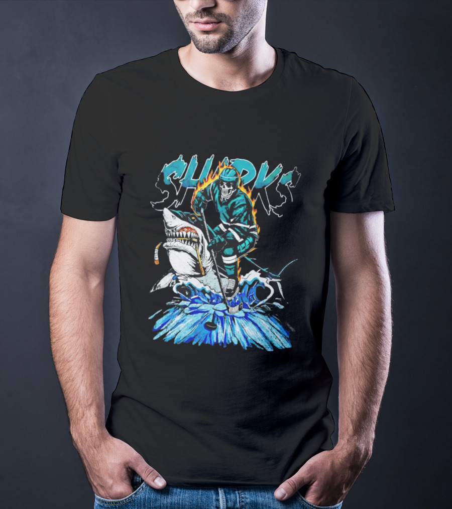 San Jose Sharks 90s Hockey Skull Flames Ice Shark Rider T-Shirt