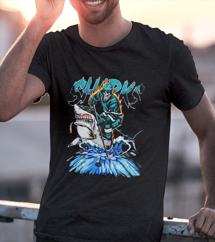 San Jose Sharks 90s Hockey Skull Flames Ice Shark Rider T-Shirt