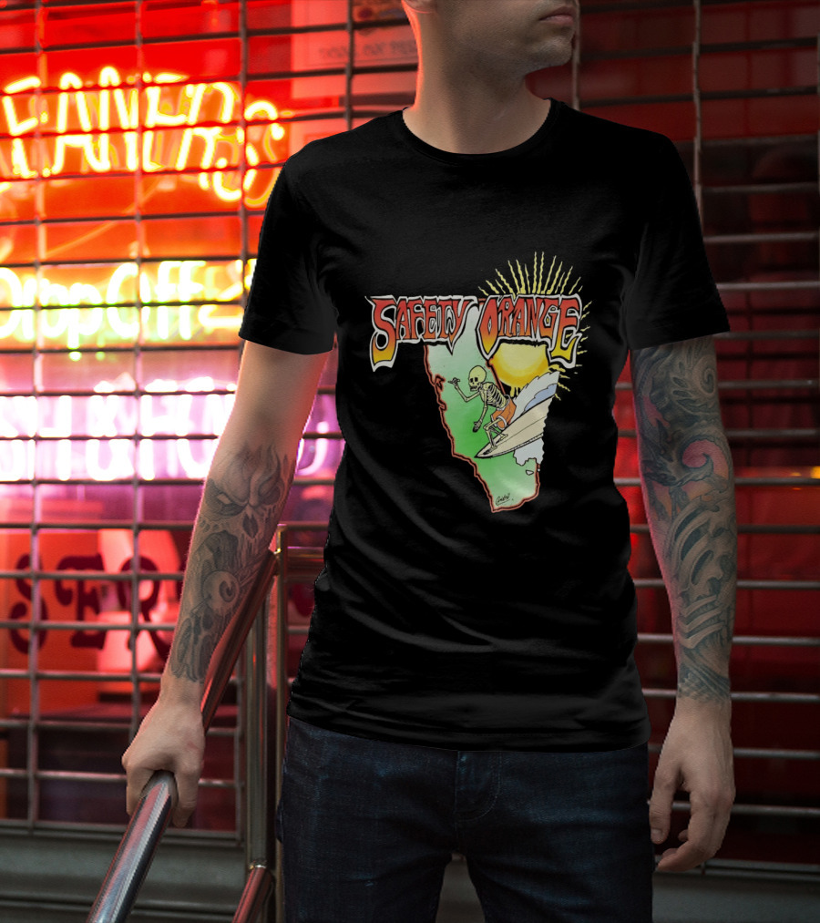 Safety Orange Skeleton Surfing Explosion Scene T-Shirt