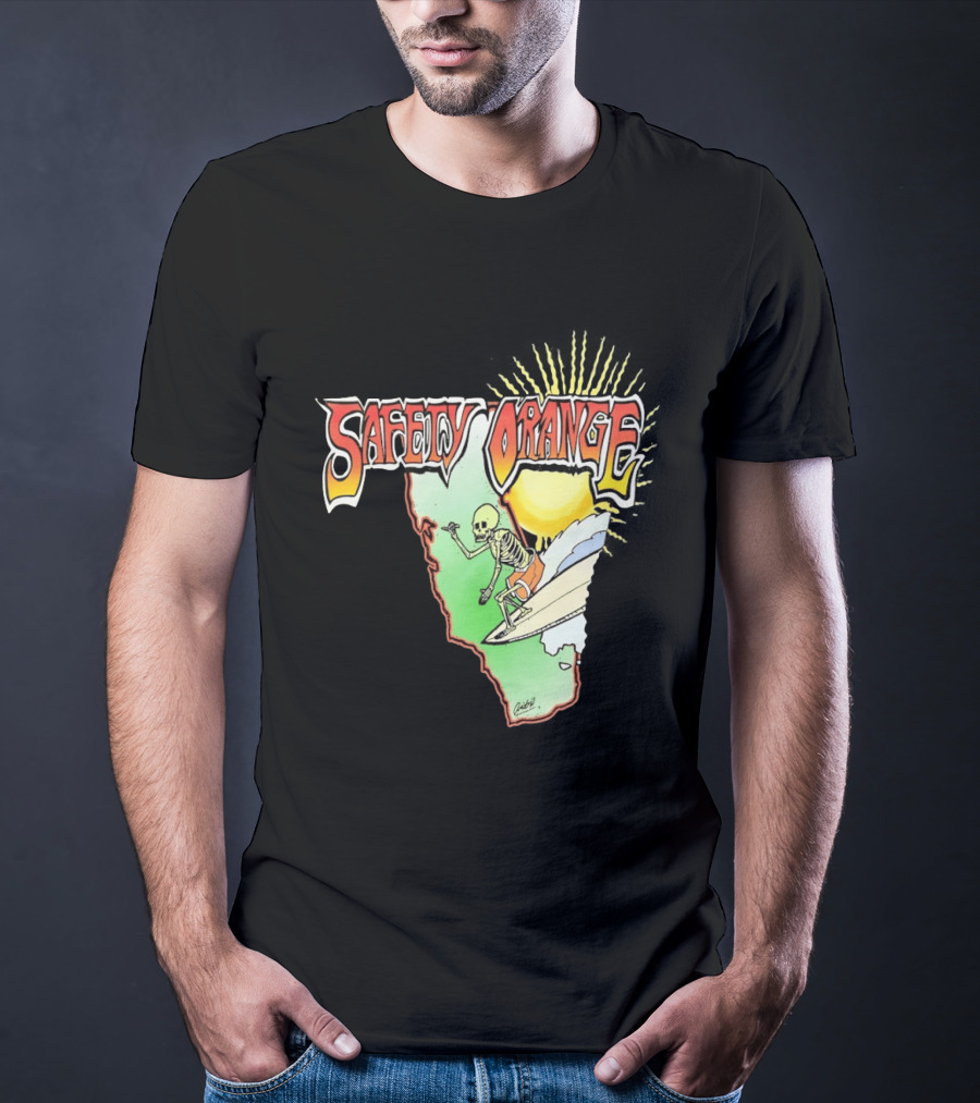 Safety Orange Skeleton Surfing Explosion Scene T-Shirt