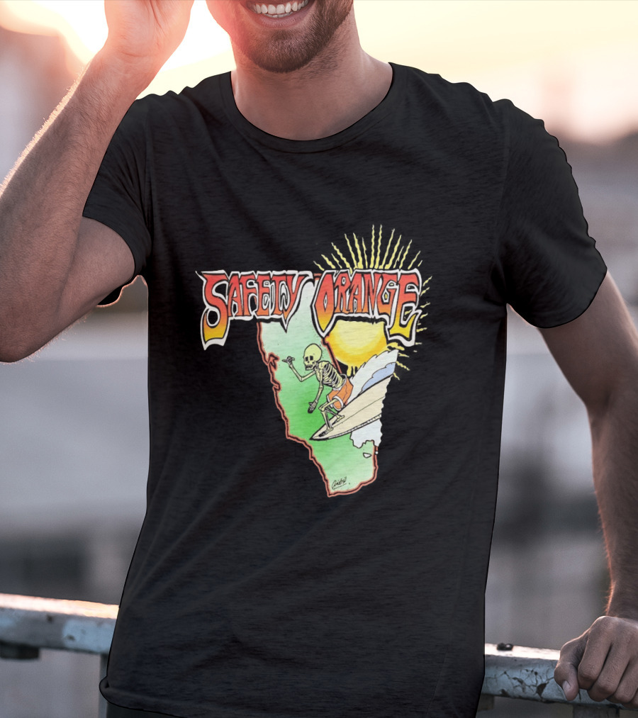 Safety Orange Skeleton Surfing Explosion Scene T-Shirt