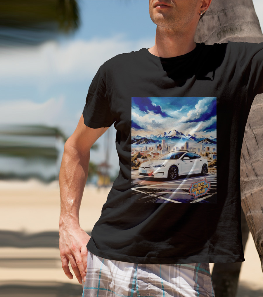 The Rad Adventure Plaid Electric Car Scenic Mountain Cityscape T-Shirt