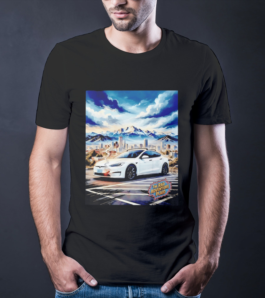 The Rad Adventure Plaid Electric Car Scenic Mountain Cityscape T-Shirt