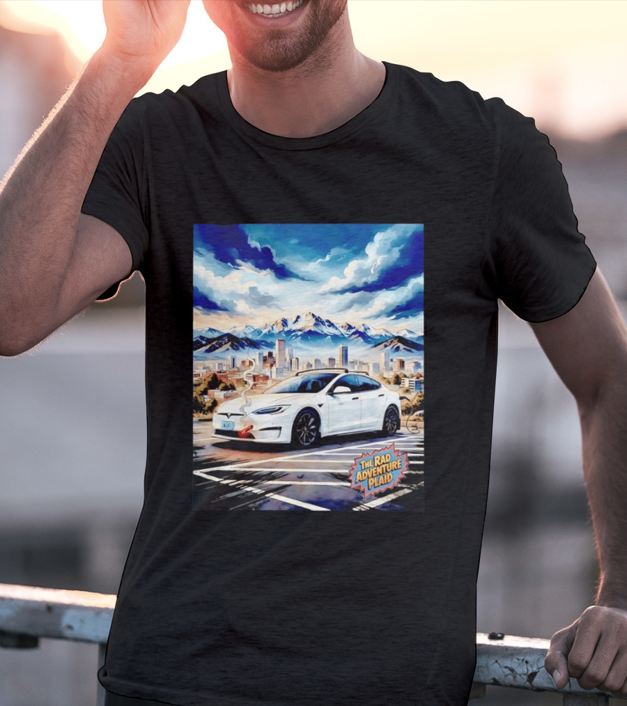 The Rad Adventure Plaid Electric Car Scenic Mountain Cityscape T-Shirt