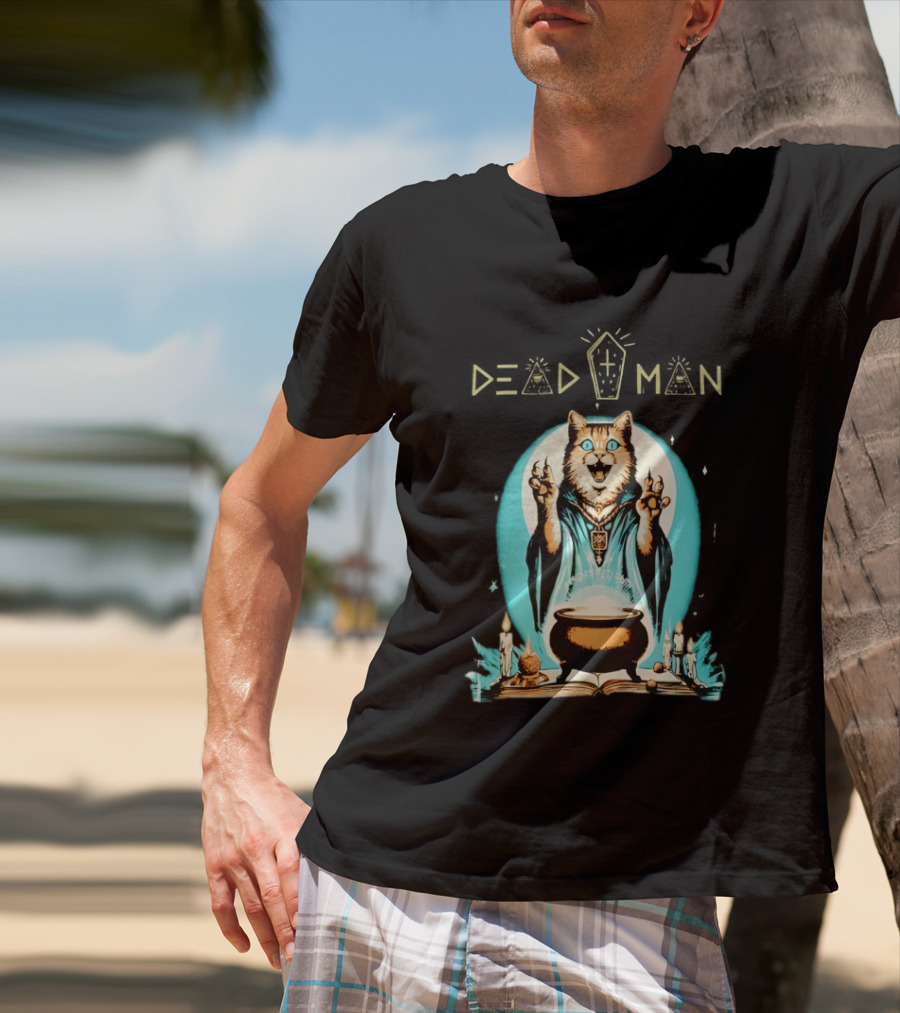 Wizard Cat Casting Spell With Cauldron And Candles Dead Man T-Shirt
