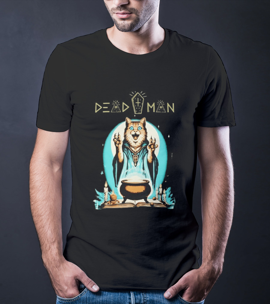 Wizard Cat Casting Spell With Cauldron And Candles Dead Man T-Shirt