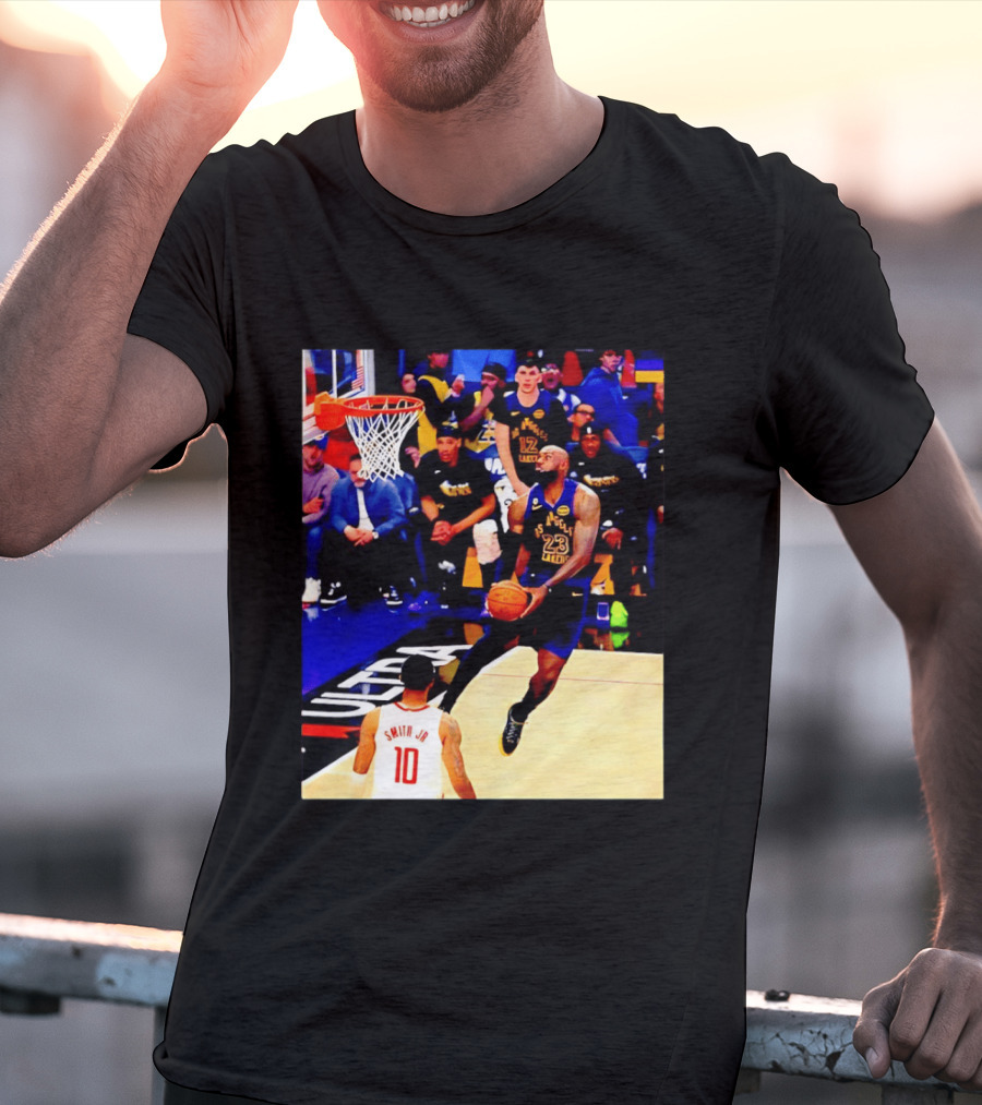 LeBron James Los Angeles Lakers Dunking Action Photo T-Shirt