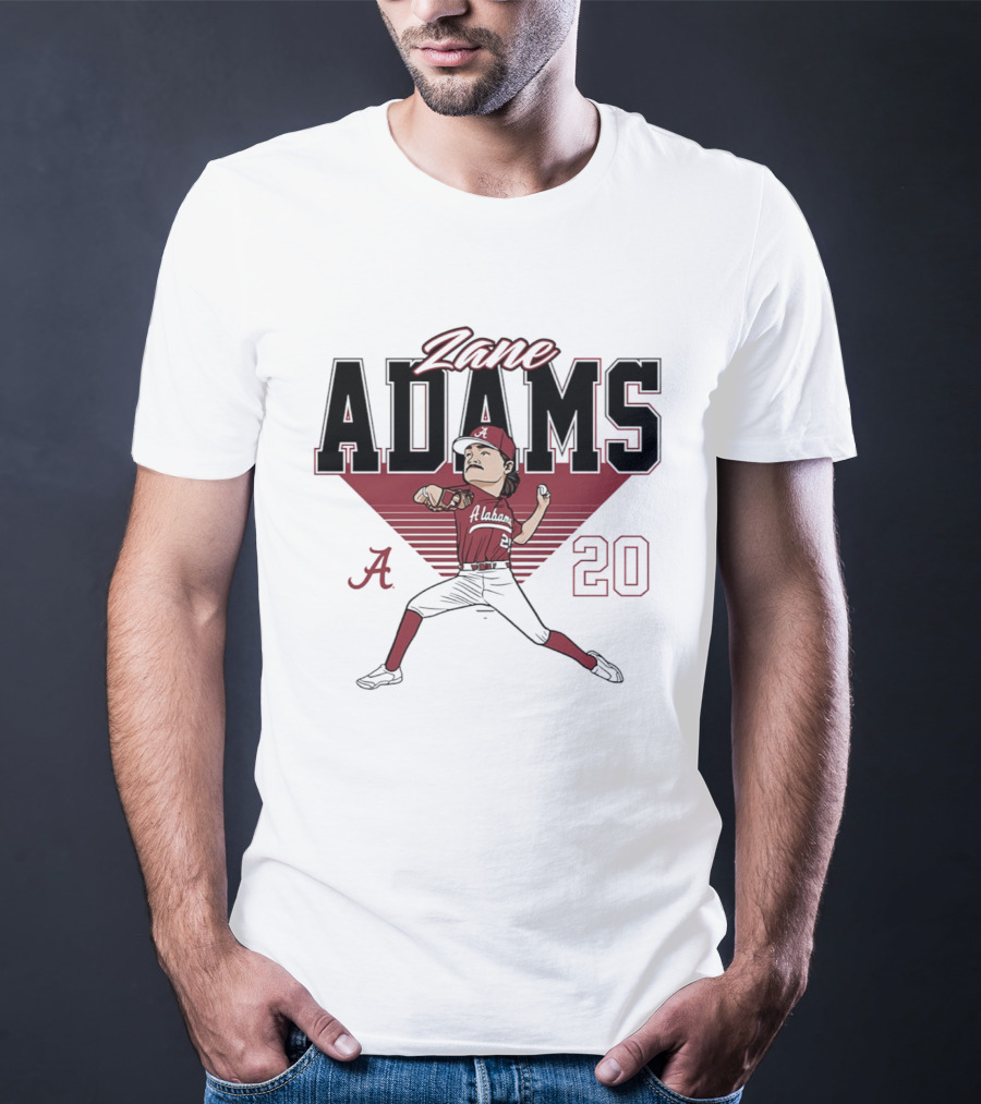 Zane Adams 20 Alabama Crimson Tide Baseball Caricature Player Pitching T-Shirt
