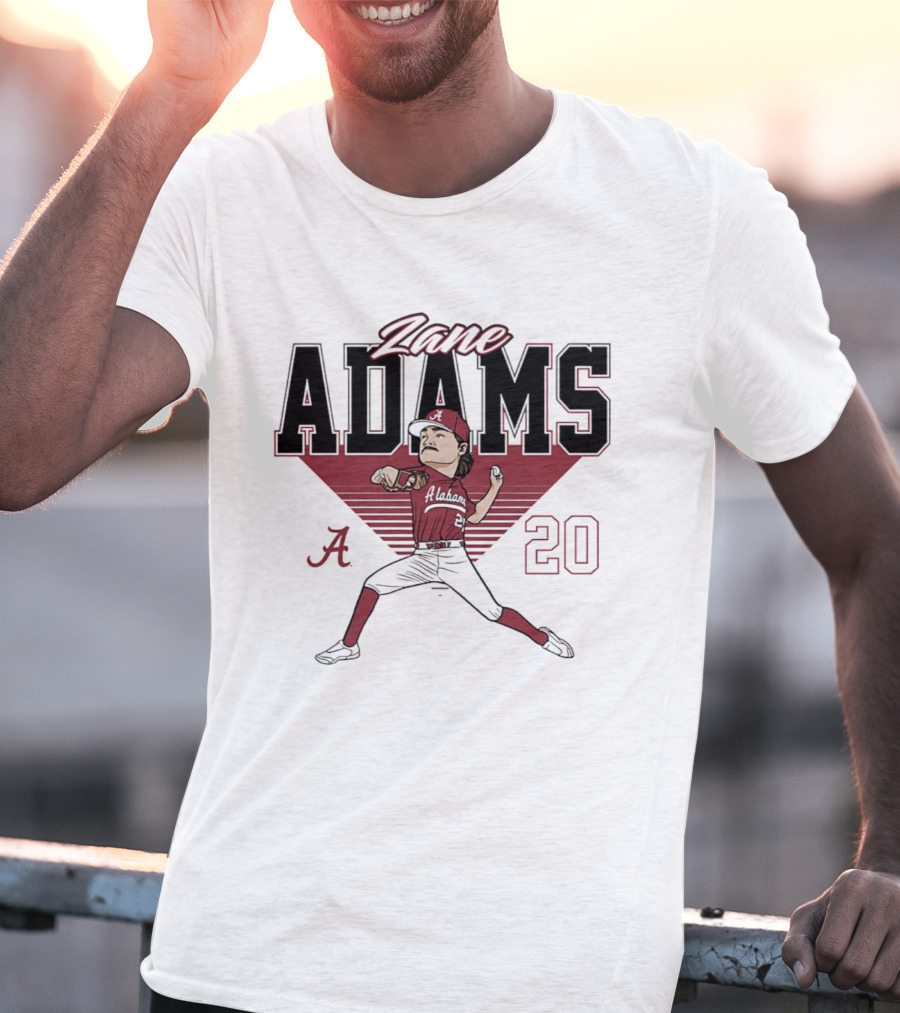 Zane Adams 20 Alabama Crimson Tide Baseball Caricature Player Pitching T-Shirt