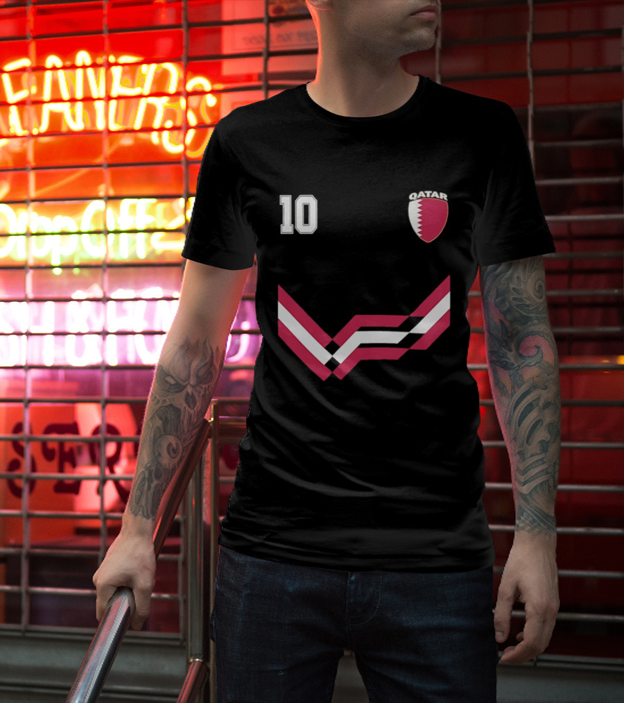 Akram Afif Qatar 10 Soccer Badge Red Chevron T-Shirt