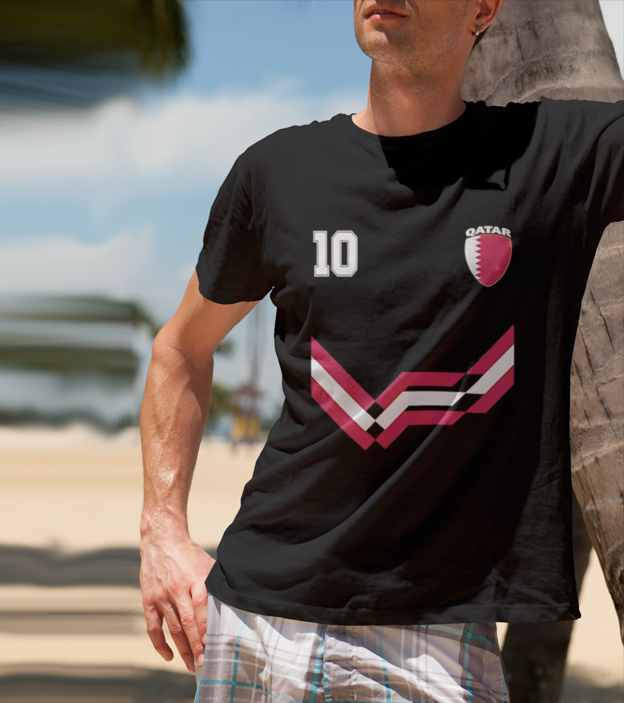 Akram Afif Qatar 10 Soccer Badge Red Chevron T-Shirt
