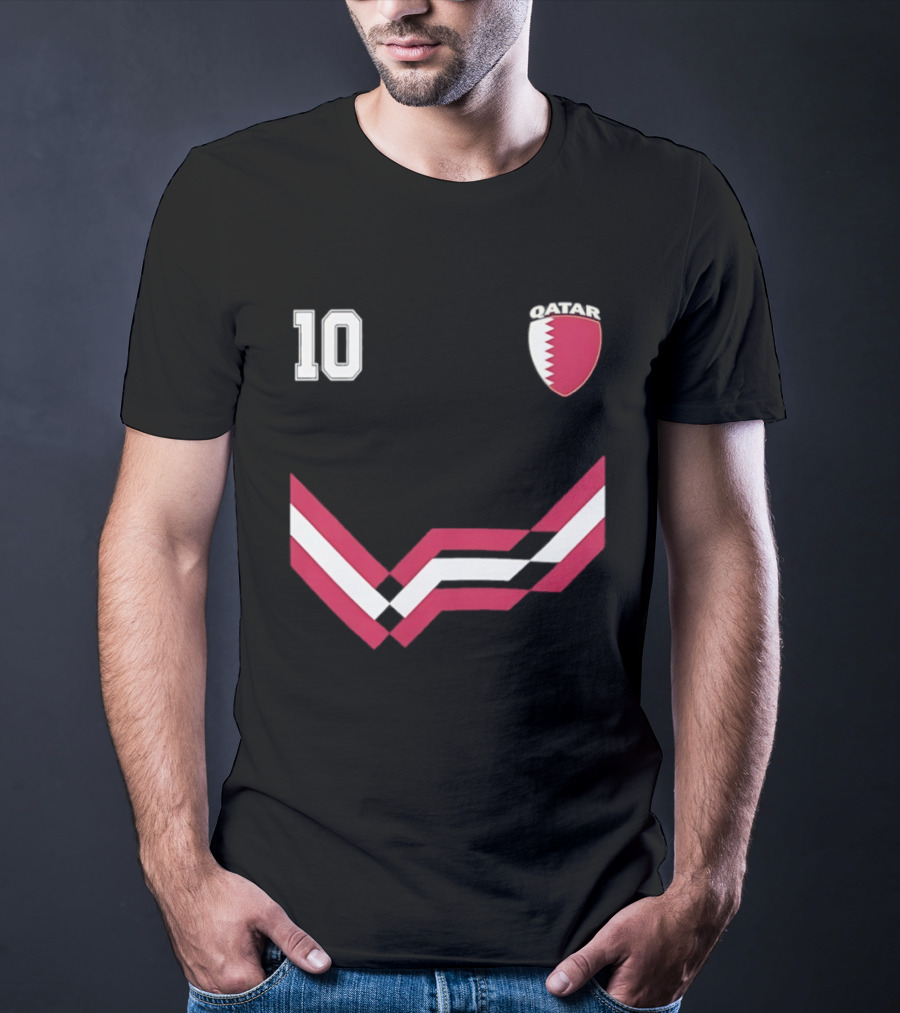 Akram Afif Qatar 10 Soccer Badge Red Chevron T-Shirt