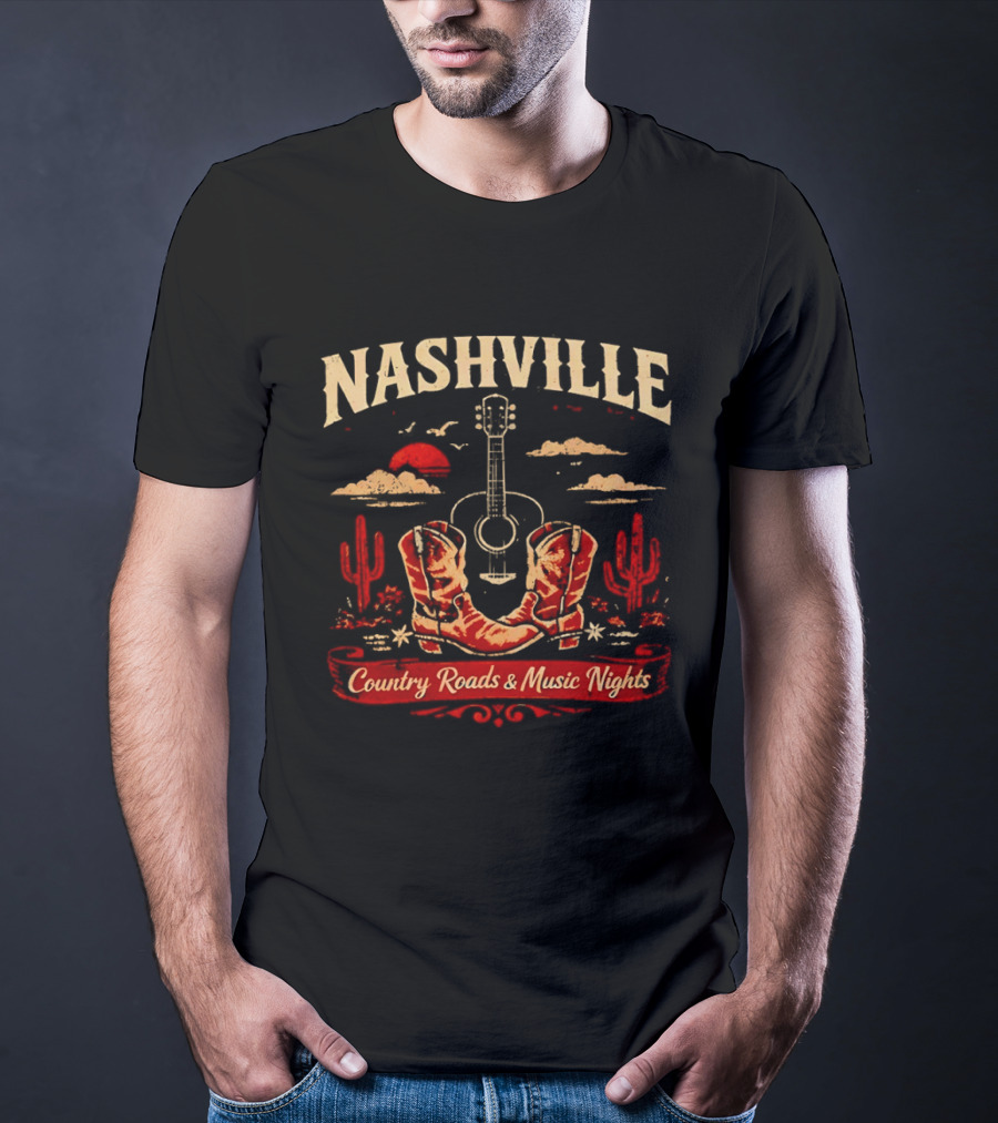 Nashville Country Roads Music Nights Boots Guitar Desert Cactus Moon Clouds T-Shirt