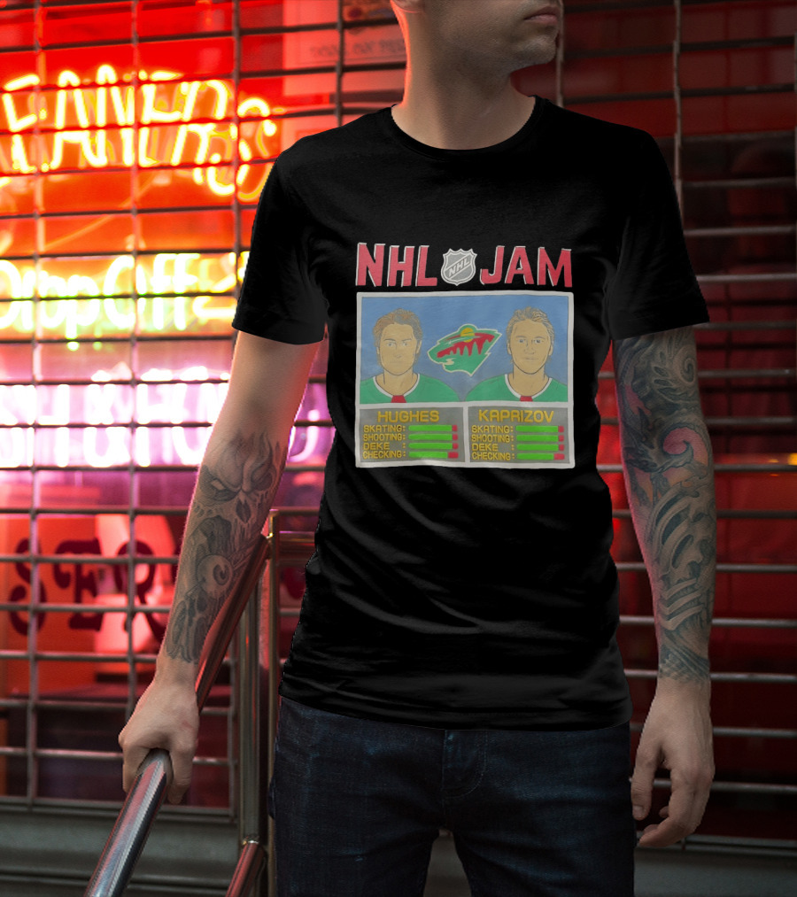 NHL Jam Hughes Kaprizov Minnesota Wild Skating Shooting Deke Checking T-Shirt