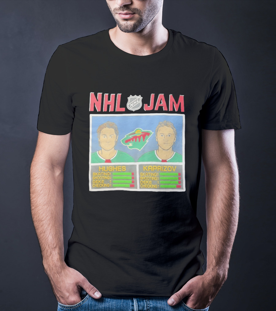 NHL Jam Hughes Kaprizov Minnesota Wild Skating Shooting Deke Checking T-Shirt