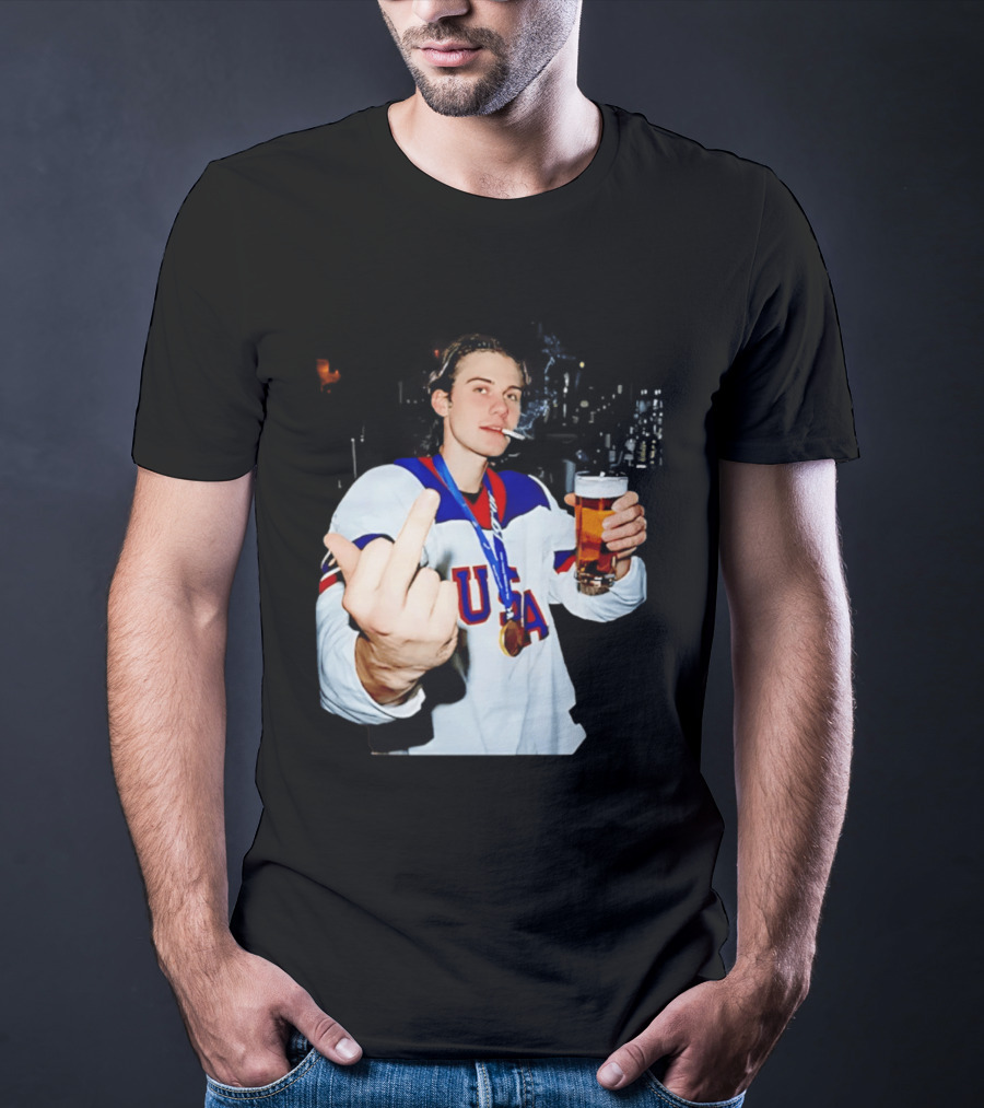 USA Hockey Player Victory Celebration Smoking Beer Middle Finger T-Shirt