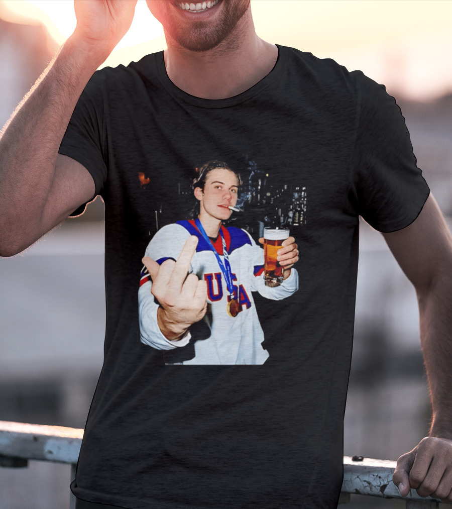 USA Hockey Player Victory Celebration Smoking Beer Middle Finger T-Shirt
