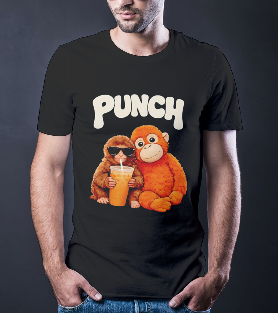 PUNCH Brown Monkey With Orange Plush And Iced Drink T-Shirt