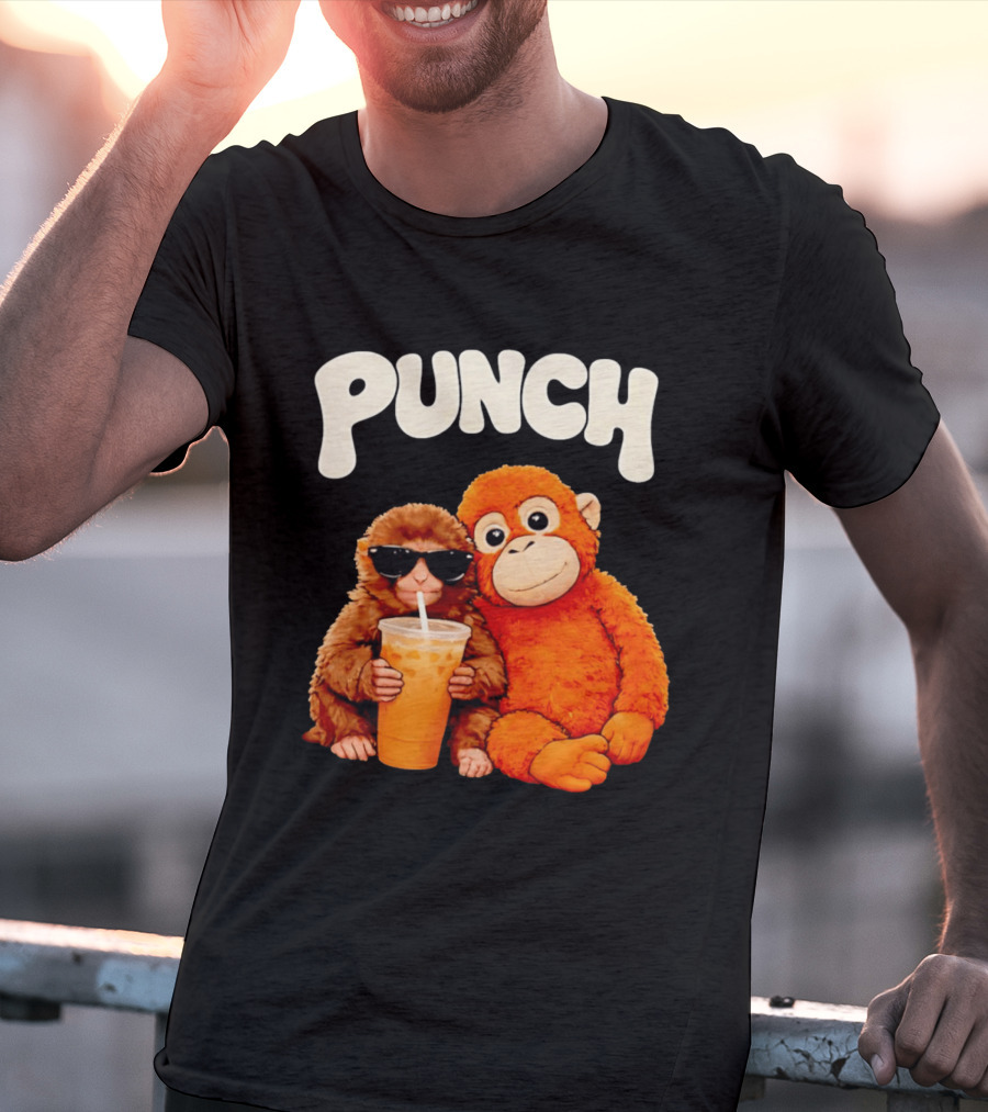 PUNCH Brown Monkey With Orange Plush And Iced Drink T-Shirt