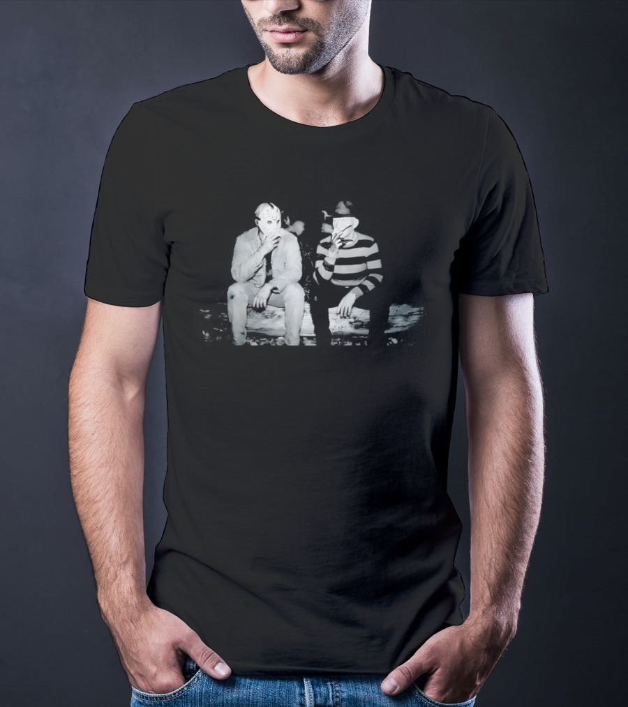 Jason Voorhees Freddy Krueger Smoking On Log Retro Horror Movie T-Shirt
