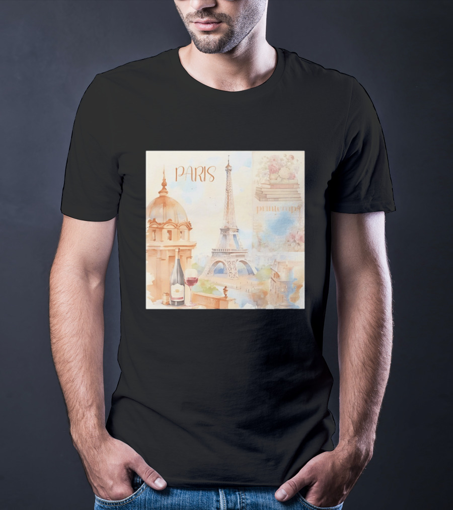 Paris Printemps Eiffel Tower Wine Flowers Books T-Shirt