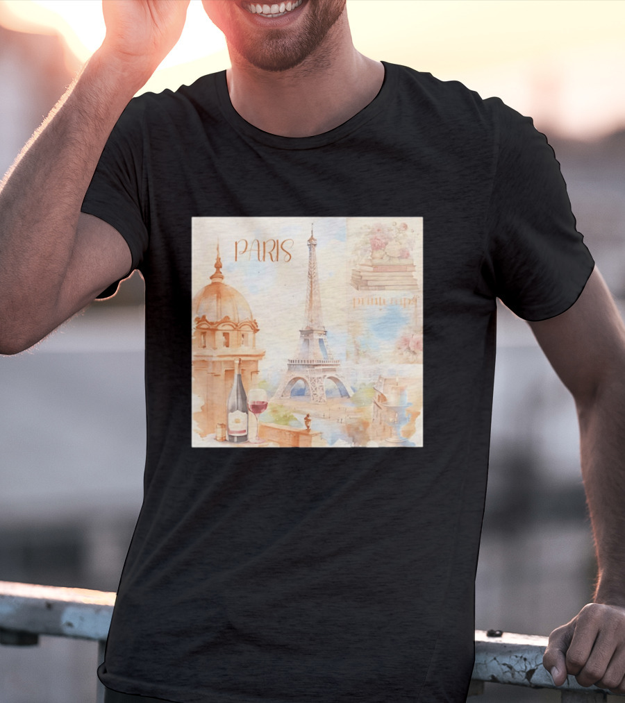 Paris Printemps Eiffel Tower Wine Flowers Books T-Shirt