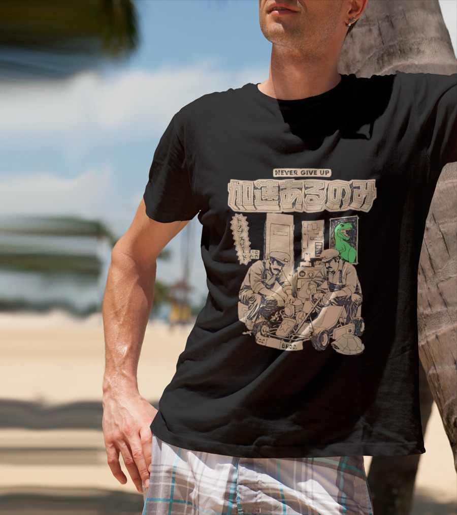 Mario Luigi Never Give Up Japanese Text Kart Fixing Brothers T-Shirt