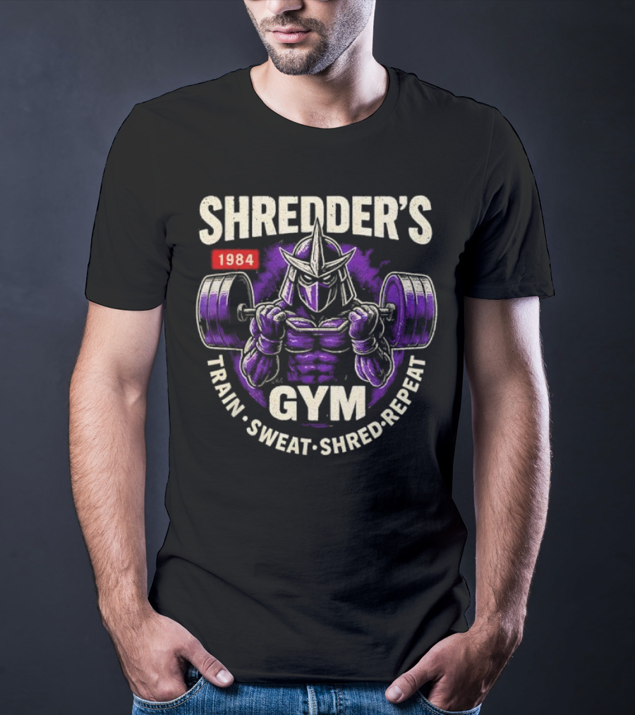 Shredder's 1984 Gym Train Sweat Shred Repeat Ninja Warrior Fitness T-Shirt