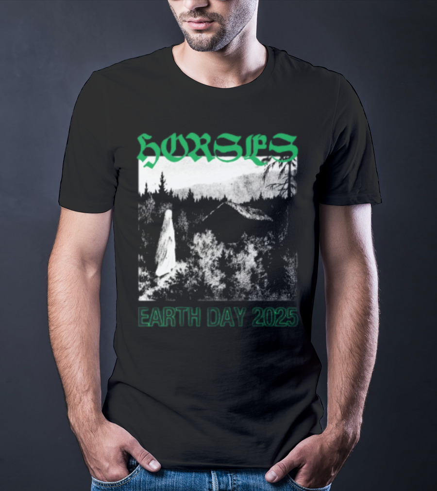 Horses Earth Day 2025 Ghostly Forest Cabin Scene T-Shirt