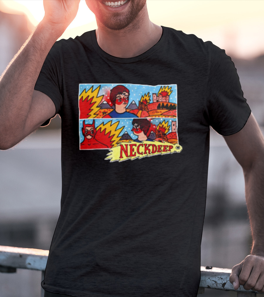 Neck Deep 10 Year Anniversary Comic Style Superhero Scene T-Shirt