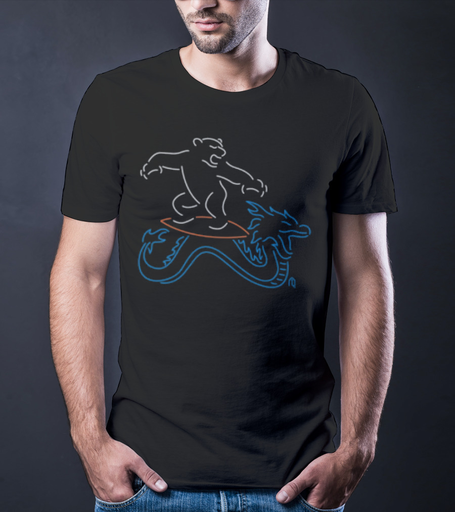 Neon Surfing Polar Bear Riding Dragon Waves T-Shirt